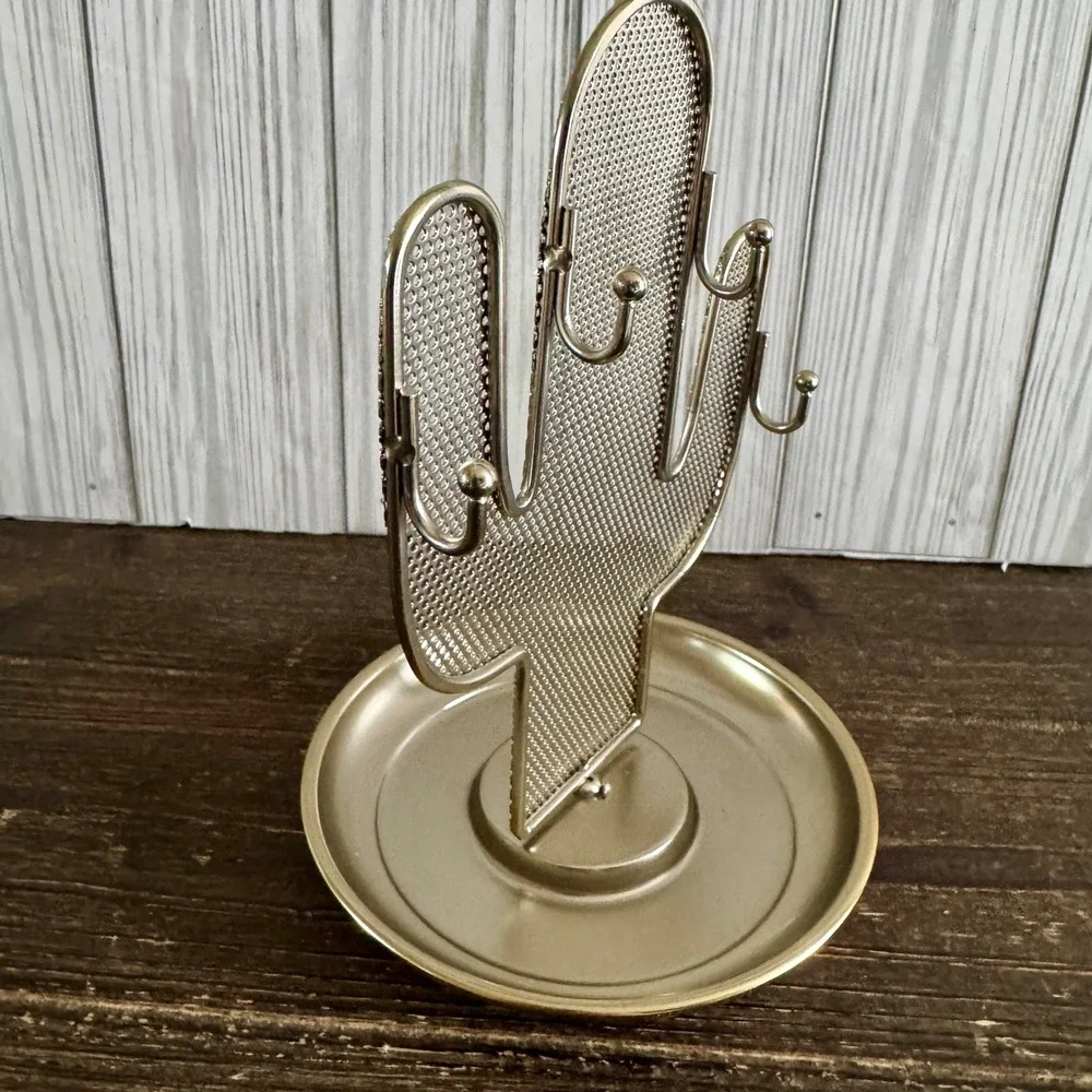 Gold Metal Cactus Jewelry Stand Earring Holder Necklace Organizer with Tray
